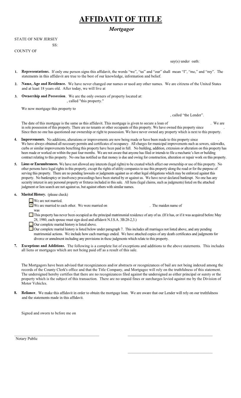 Affidavit Of Title (Mortgagor) | Pdf Fpdf Docx | New Jersey