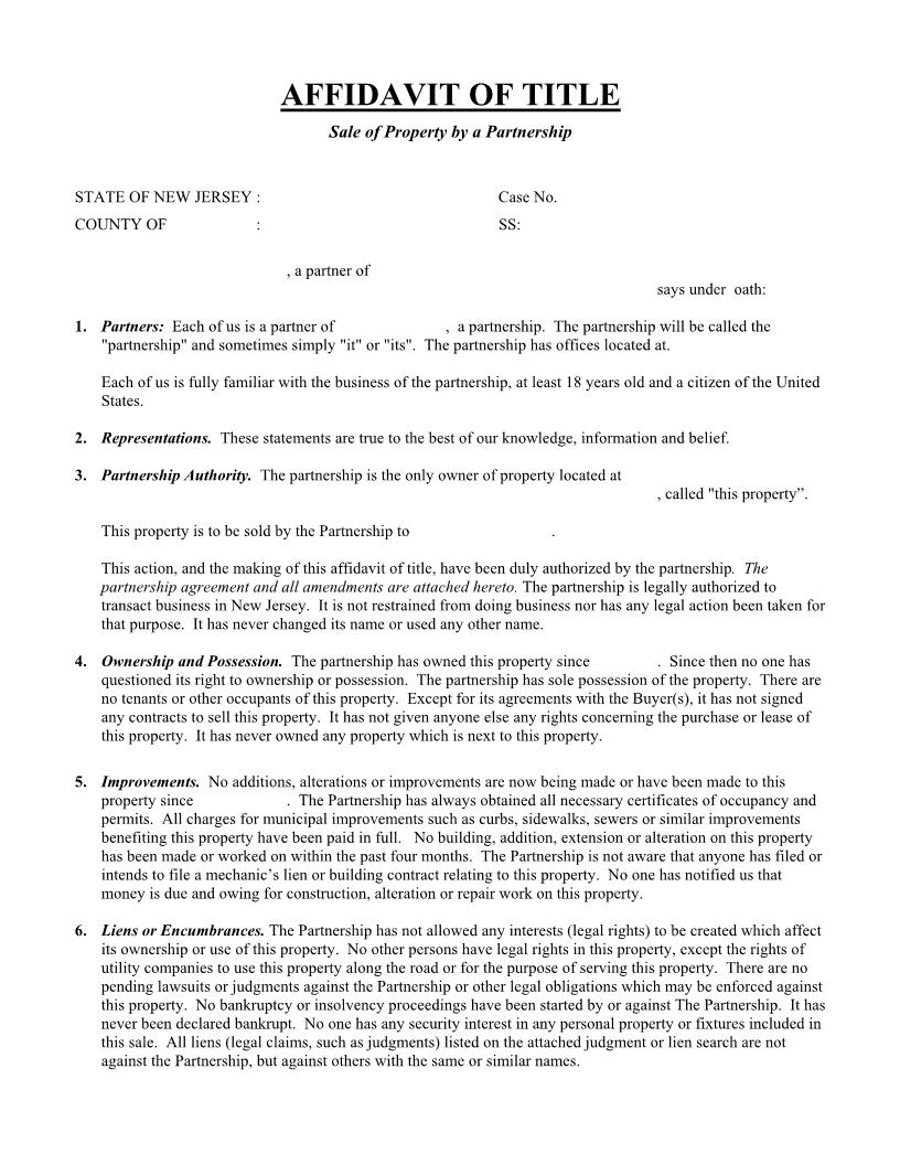 Affidavit Of Title (Partnership) | Pdf Fpdf Docx | New Jersey