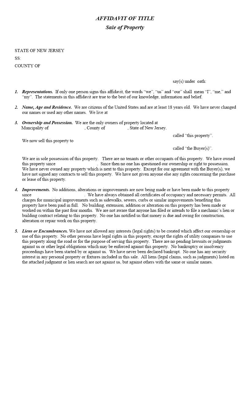 Affidavit Of Title Sale Of Property | Pdf Fpdf Docx | New Jersey