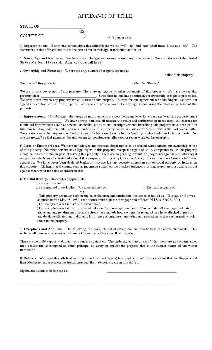 Affidavit Of Title | Pdf Fpdf Docx | New Jersey