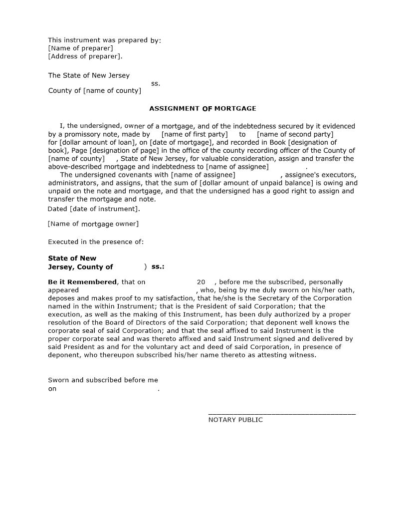 Assignment Of Mortgage | Pdf Fpdf Docx | New Jersey