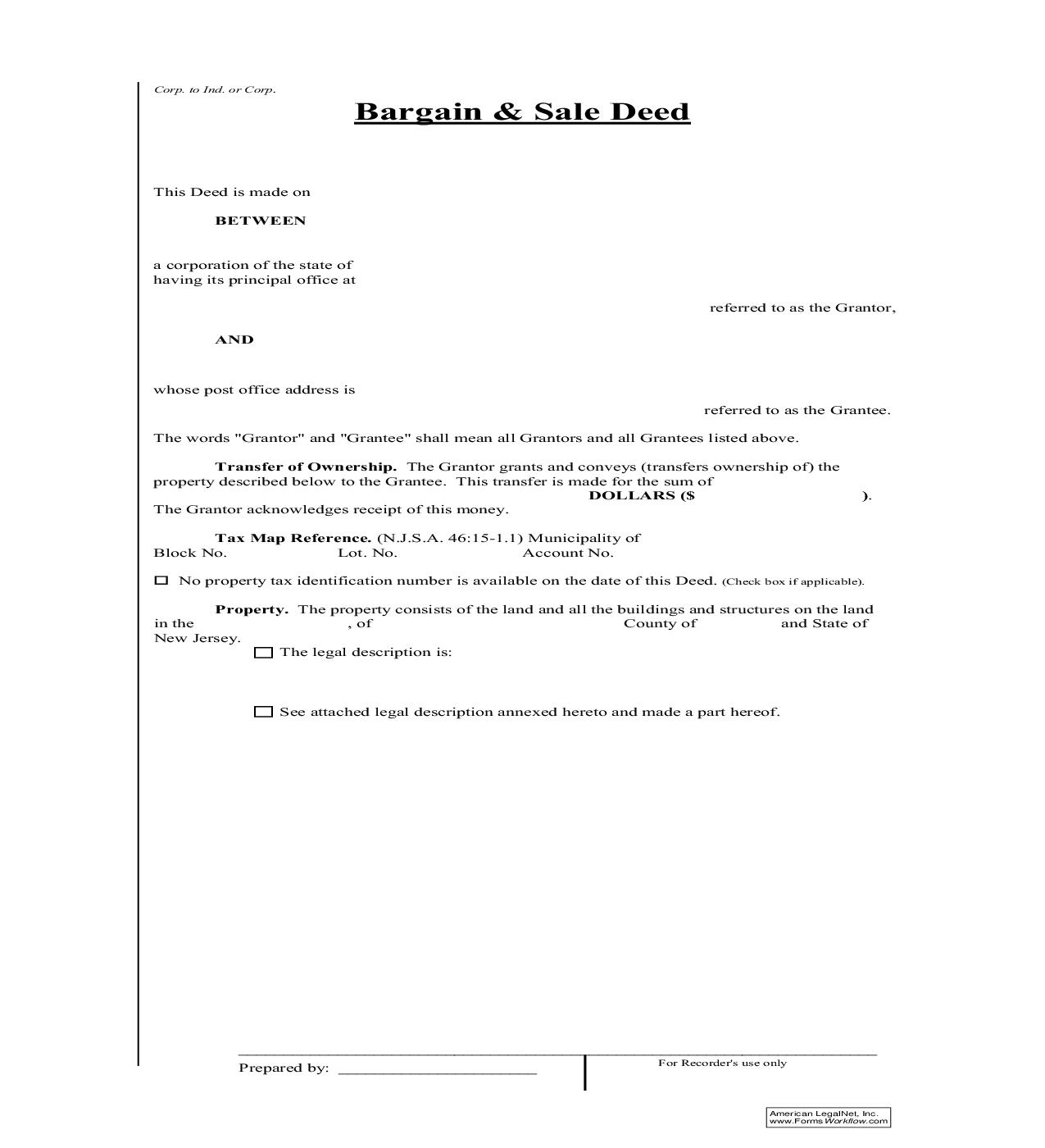 Bargain And Sale Deed (Corp To Ind Or Corp) | Pdf Fpdf Doc Docx | New Jersey