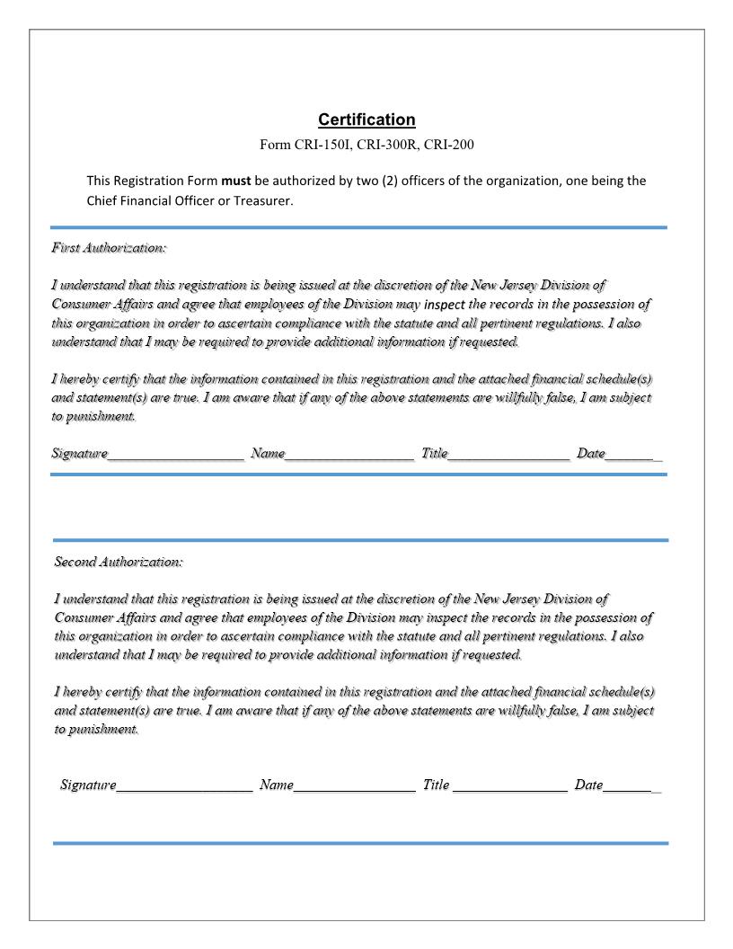 Certification (Charity Registration-Renewal Signature Page) {CRI-200 CRI-300R CRI-150I} | Pdf Fpdf Docx | New Jersey