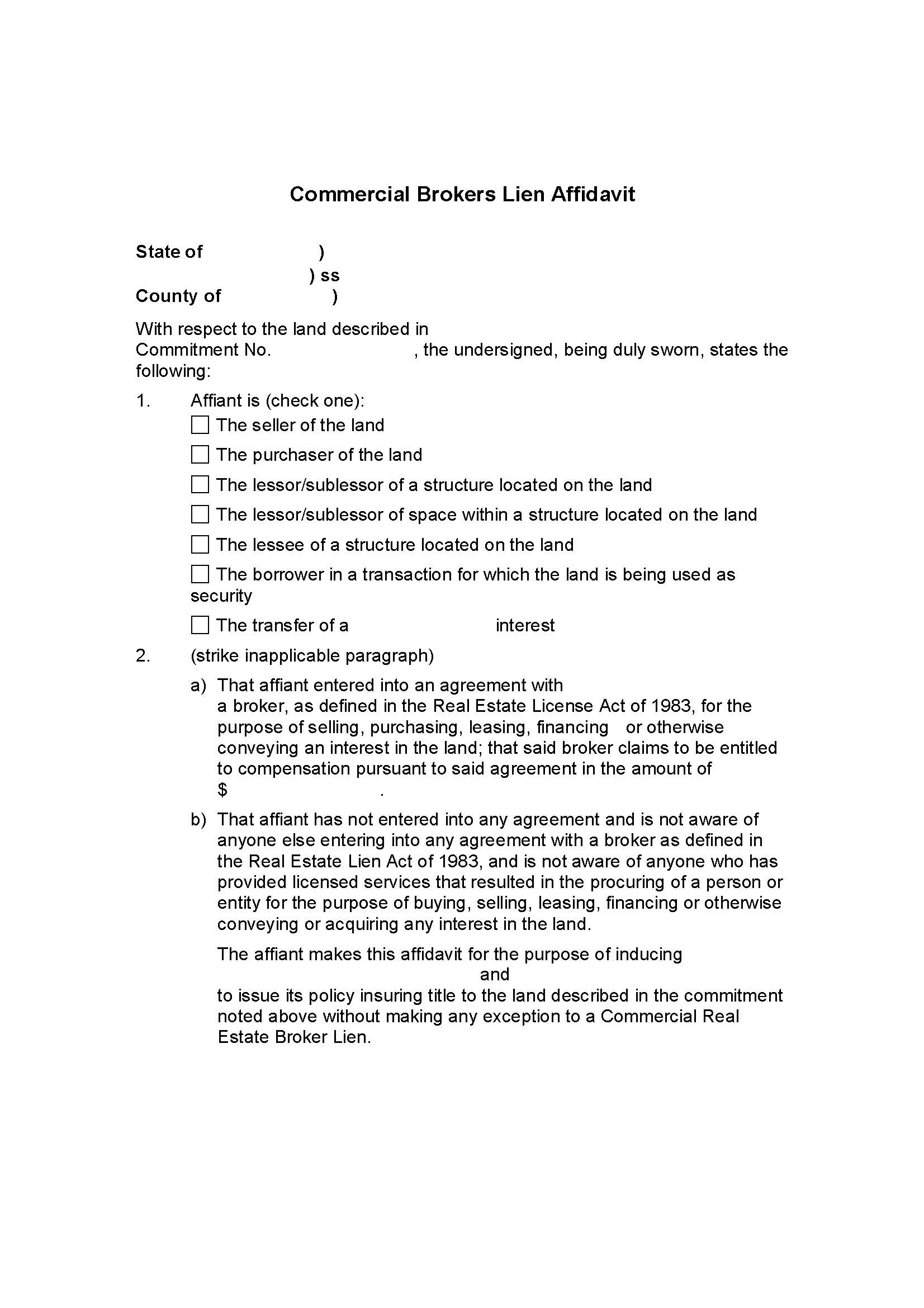 Commercial Brokers Lien Affidavit | Pdf Fpdf Docx | New Jersey