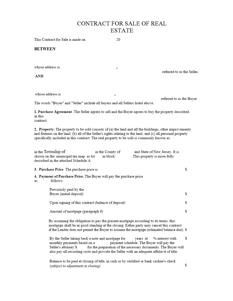 Contract For Sale Of Real Estate | Pdf Fpdf Docx | New Jersey