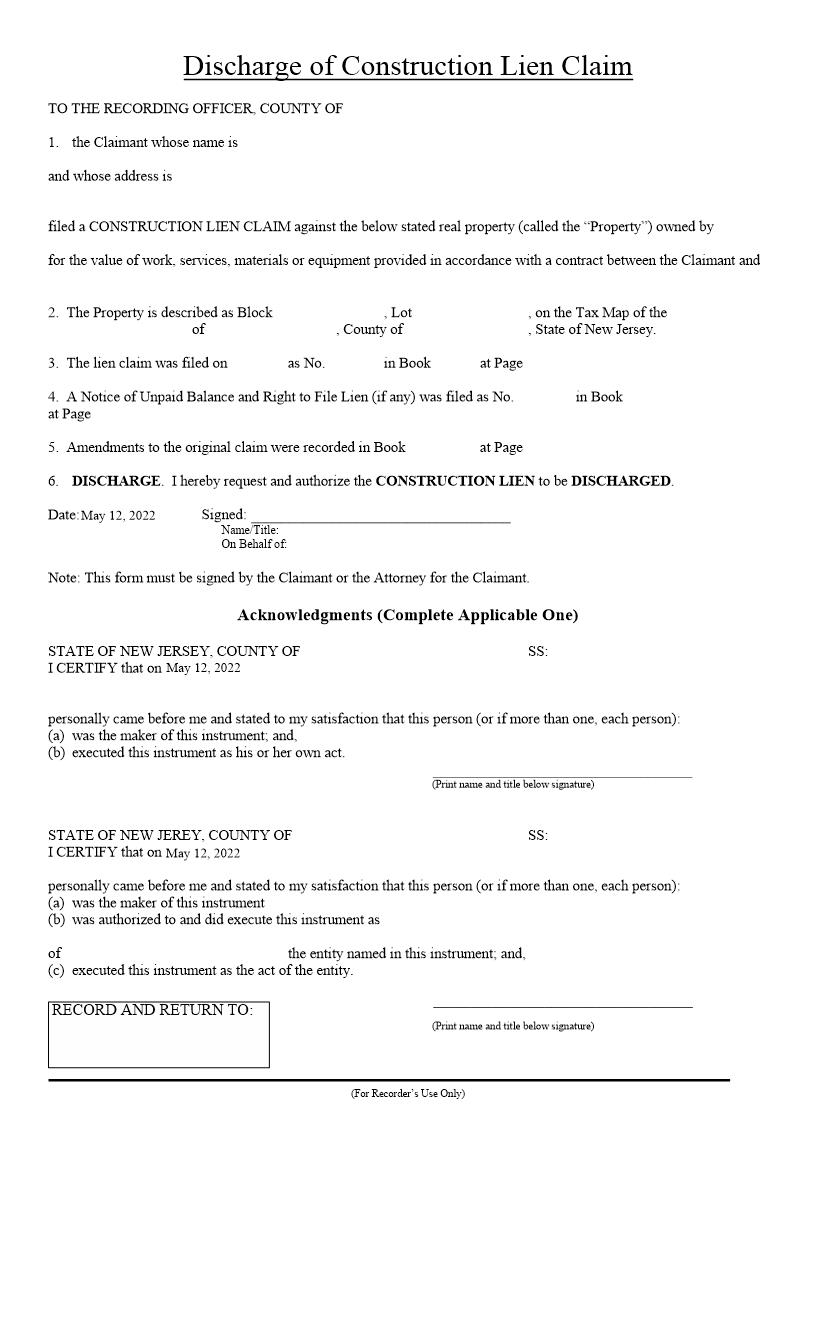 Discharge Of Construction Lien Claim | Pdf Fpdf Docx | New Jersey