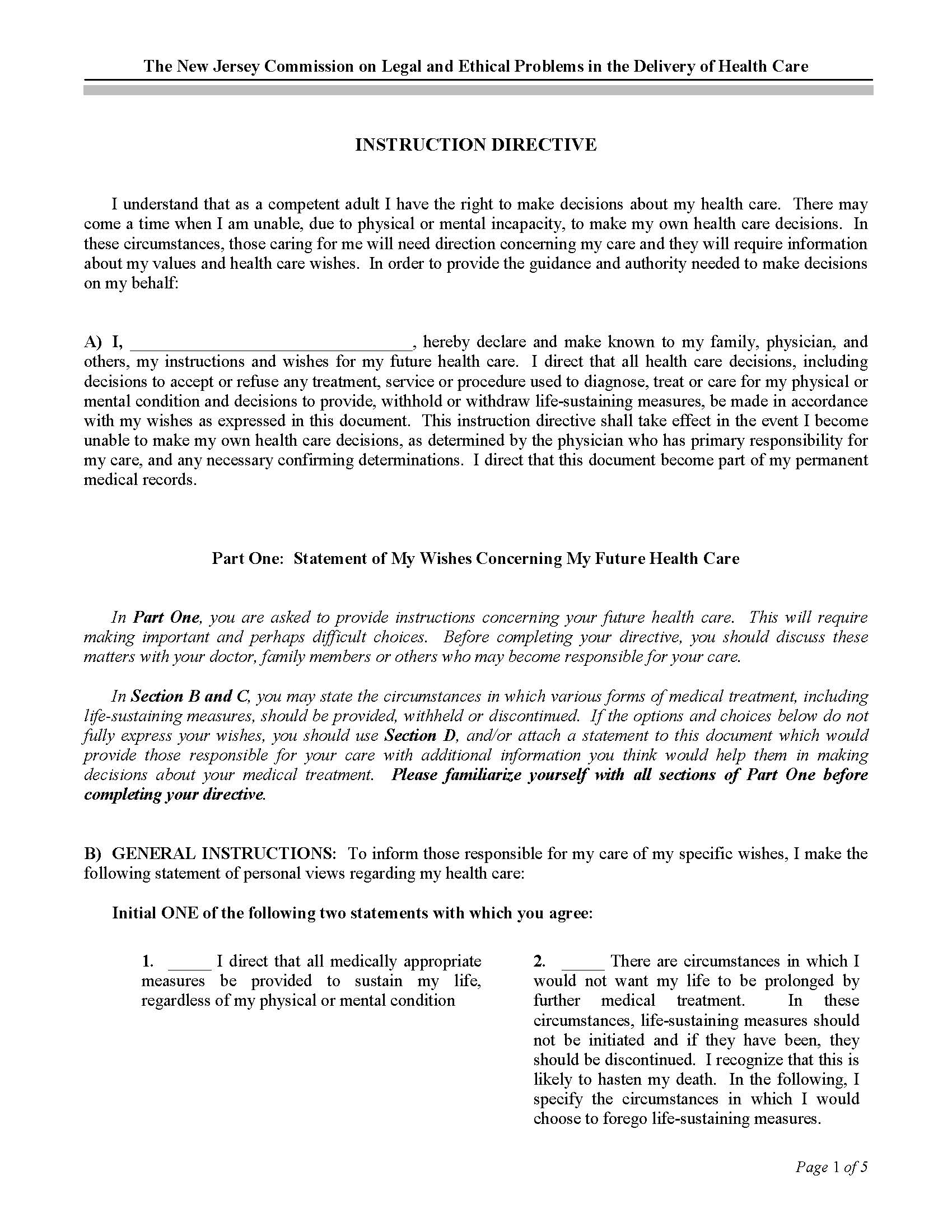Instruction Directive (Living Will) | Pdf Fpdf Docx | New Jersey