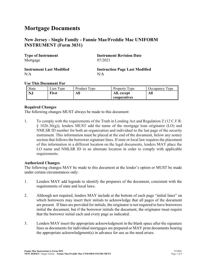 Mortgage Instructions (Form 3031 Mandatory And Optional Additions) | Pdf Fpdf Docx | New Jersey