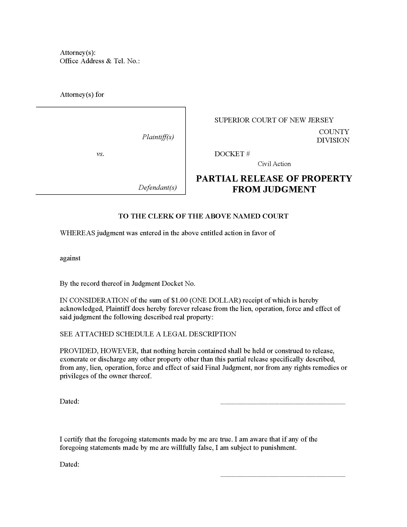 Partial Release Of Judgment | Pdf Fpdf Docx | New Jersey
