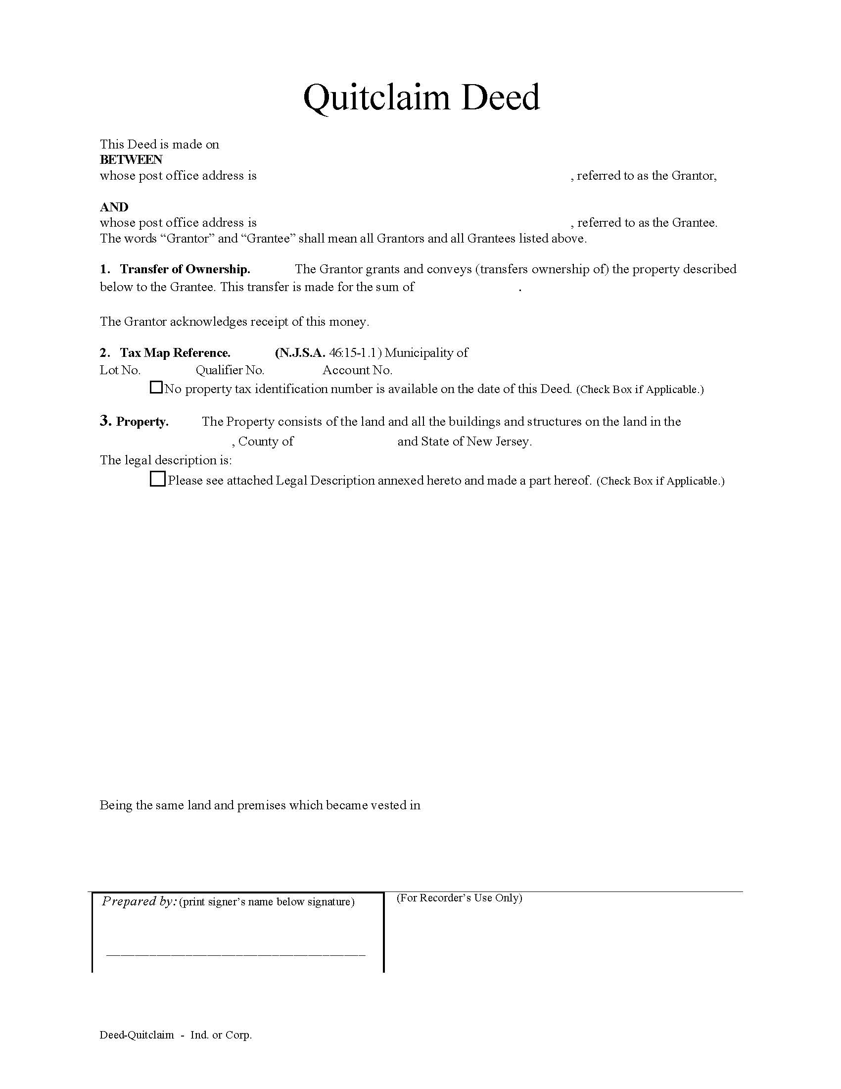 Quitclaim Deed | Pdf Fpdf Docx | New Jersey
