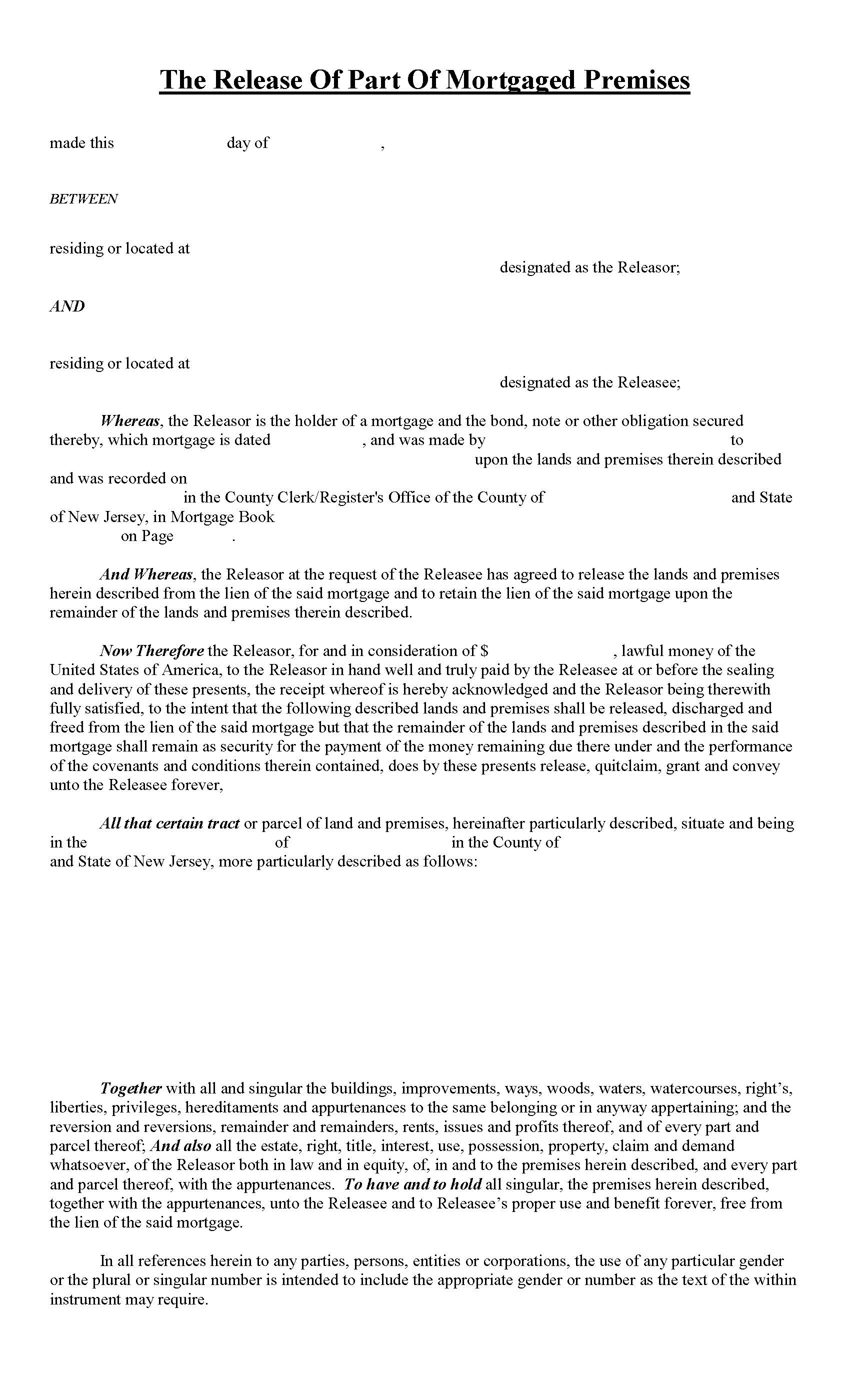 Release Of Part Of Mortgaged Premises | Pdf Fpdf Docx | New Jersey