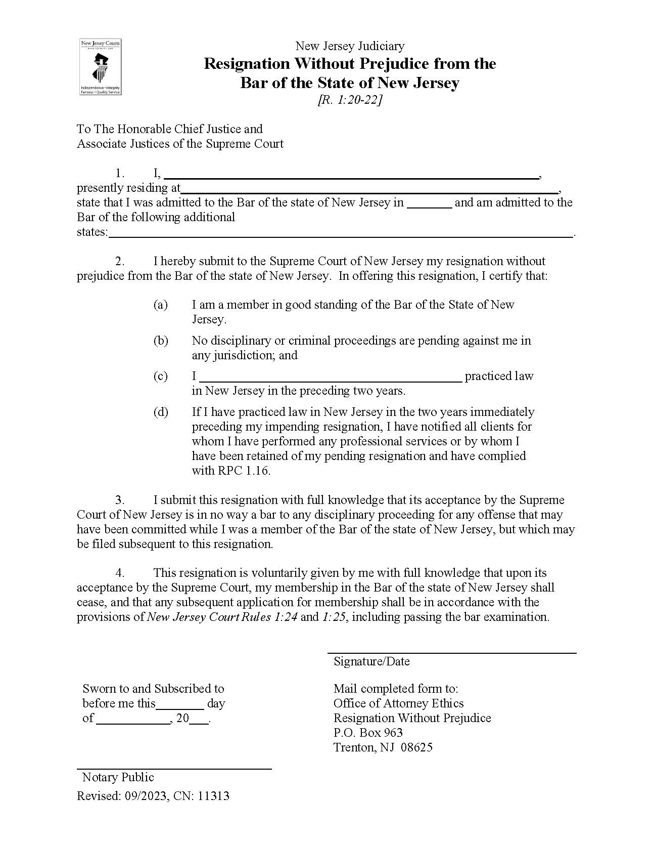 Resignation Without Prejudice From The Bar Of The State Of New Jersey {11313} | Pdf Fpdf Docx | New Jersey