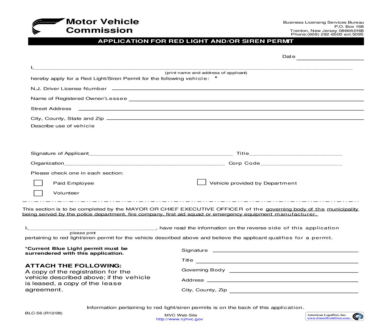 Application For Red Light And-Or Siren Permit {BLC-56} | Pdf Fpdf Doc Docx | New Jersey