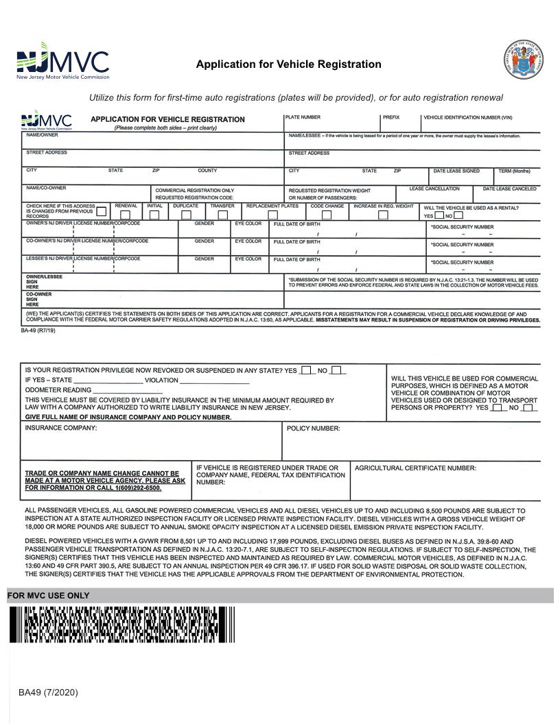 Application For Vehicle Registration {BA-49} | Pdf Fpdf Docx | New Jersey