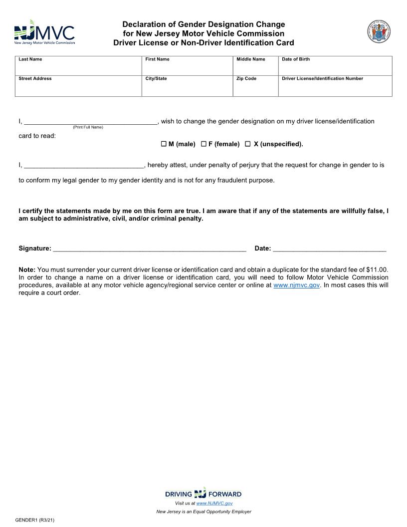 Declaration Of Gender Designation Change | Pdf Fpdf Doc Docx | New Jersey
