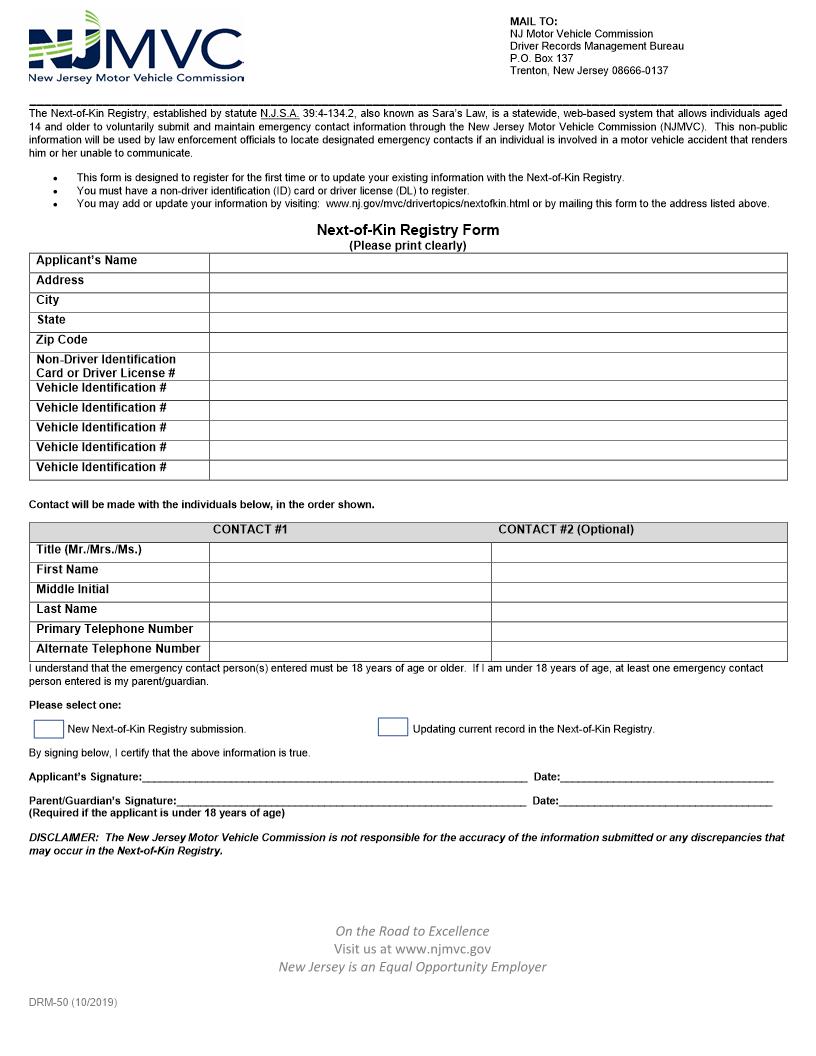 Next-Of-Kin Registration Form {DRM-50} | Pdf Fpdf Docx | New Jersey
