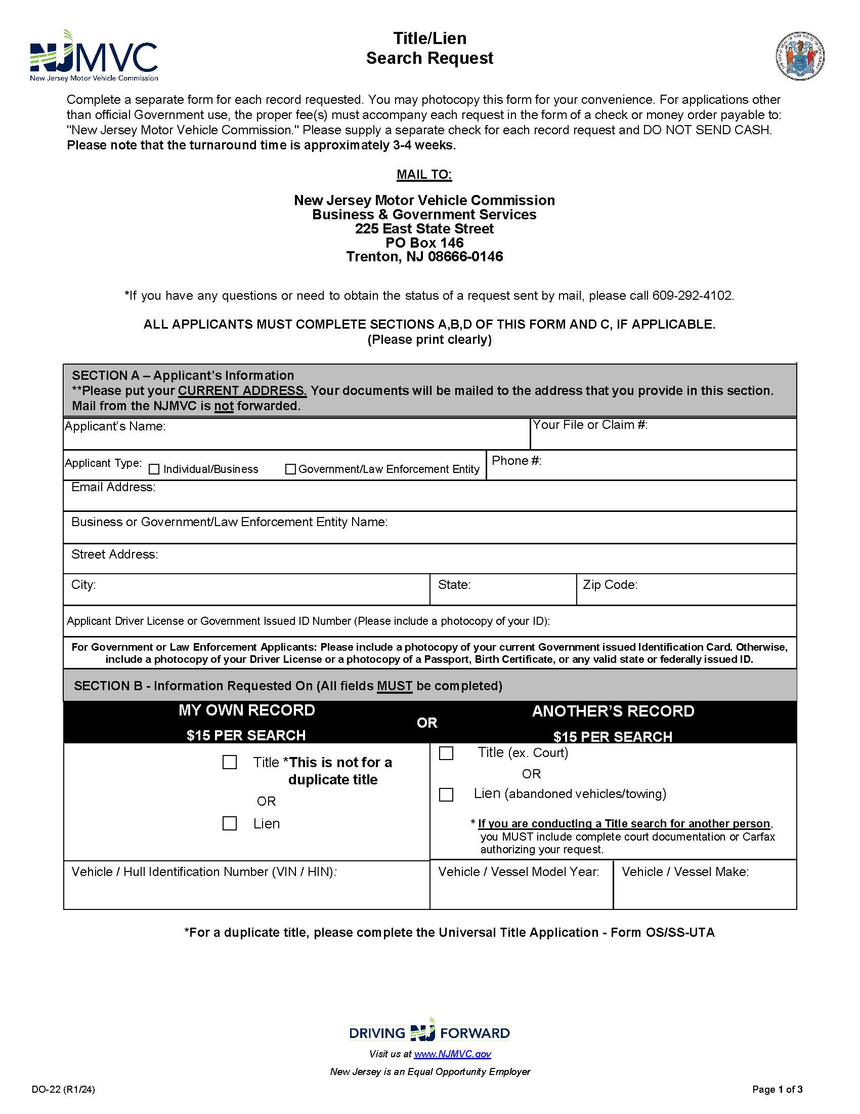 Title-Lien Search Request {DO-22} | Pdf Fpdf Docx | New Jersey