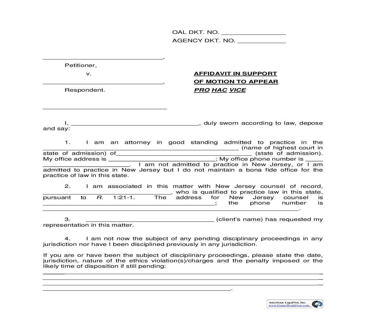Affidavit In Support Of Motion To Appear Pro Hac Vice | Pdf Fpdf Doc Docx | New Jersey