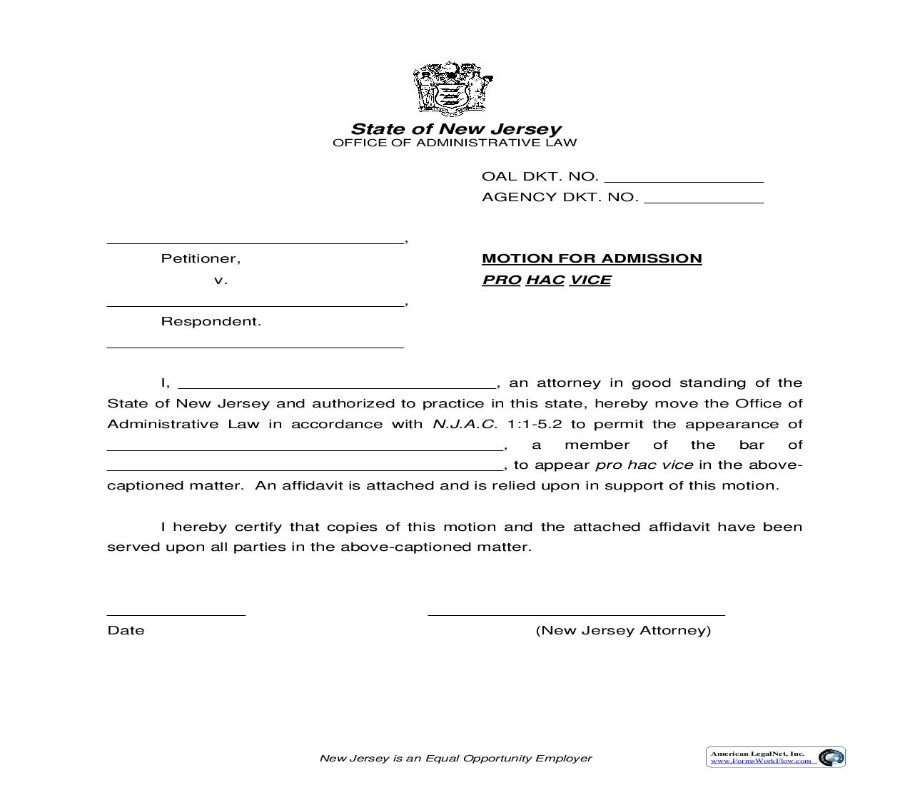 Motion For Admission Pro Hac Vice | Pdf Fpdf Doc Docx | New Jersey