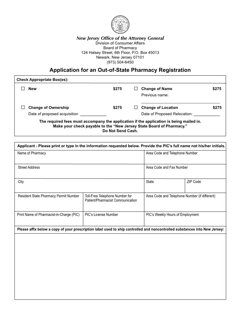 Application For An Out-Of-State Pharmacy Registration | Pdf Fpdf Doc Docx | New Jersey