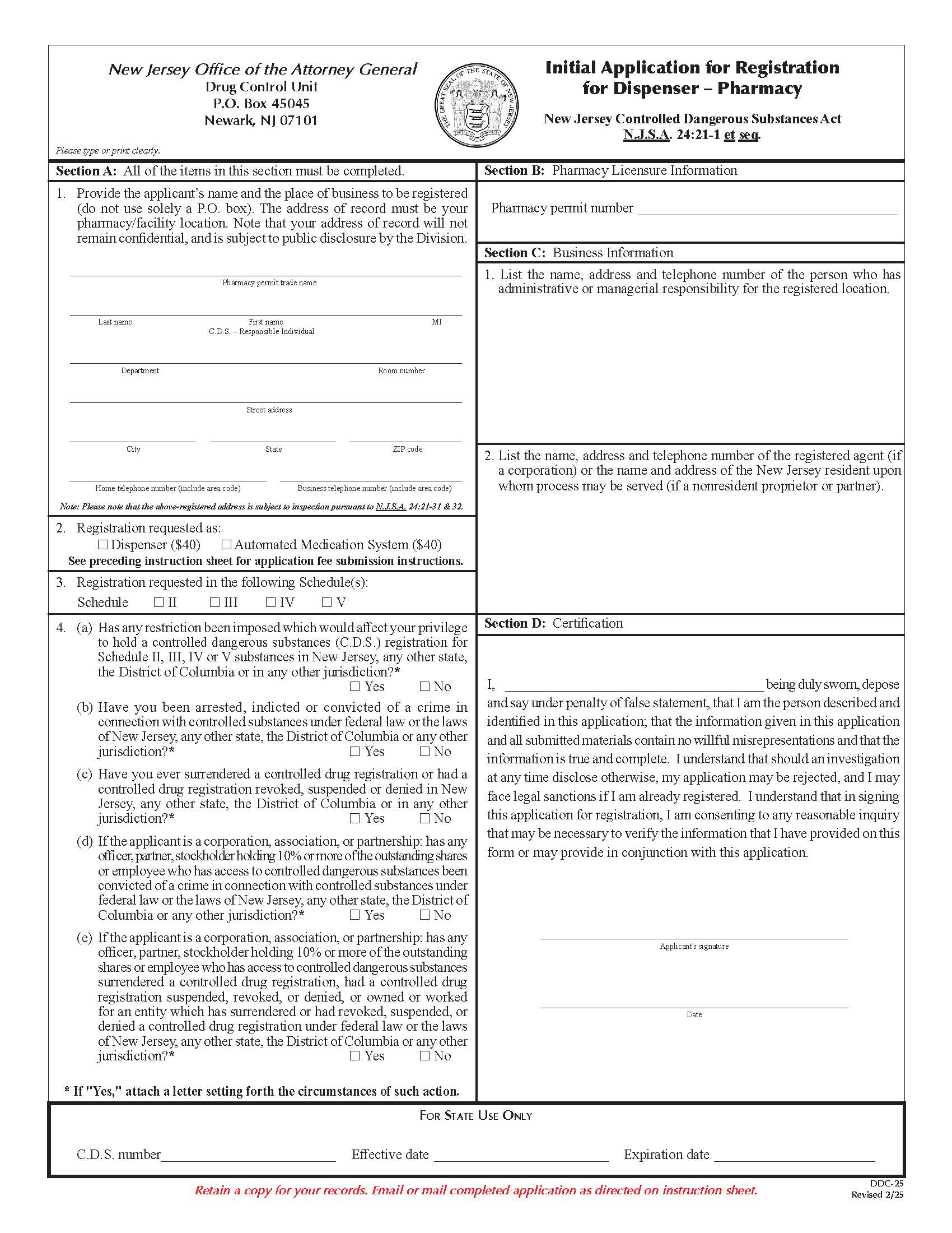 Initial Application For Registration For Dispenser - Pharmacy (Controlled Dangerous Substance) | Pdf Fpdf Doc Docx | New Jersey