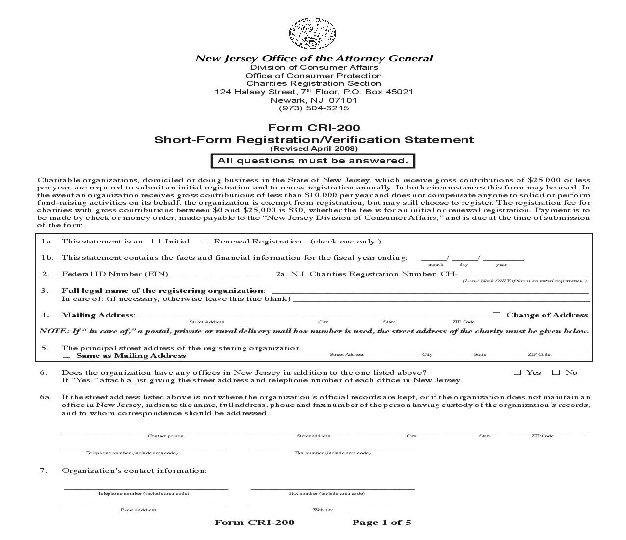 Short Form Registration-Verification Statement {CRI-200} | Pdf Fpdf Doc Docx | New Jersey