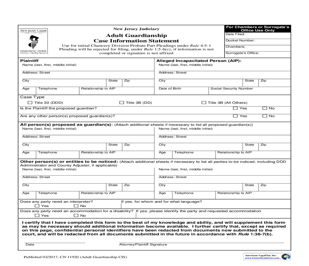 Adult Guardianship Case Information Statement {11920} | Pdf Fpdf Doc Docx | New Jersey
