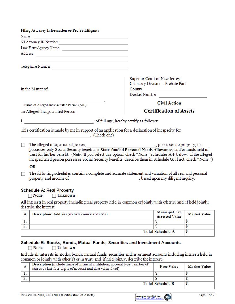 Certification Of Assets {12011} | Pdf Fpdf Docx | New Jersey