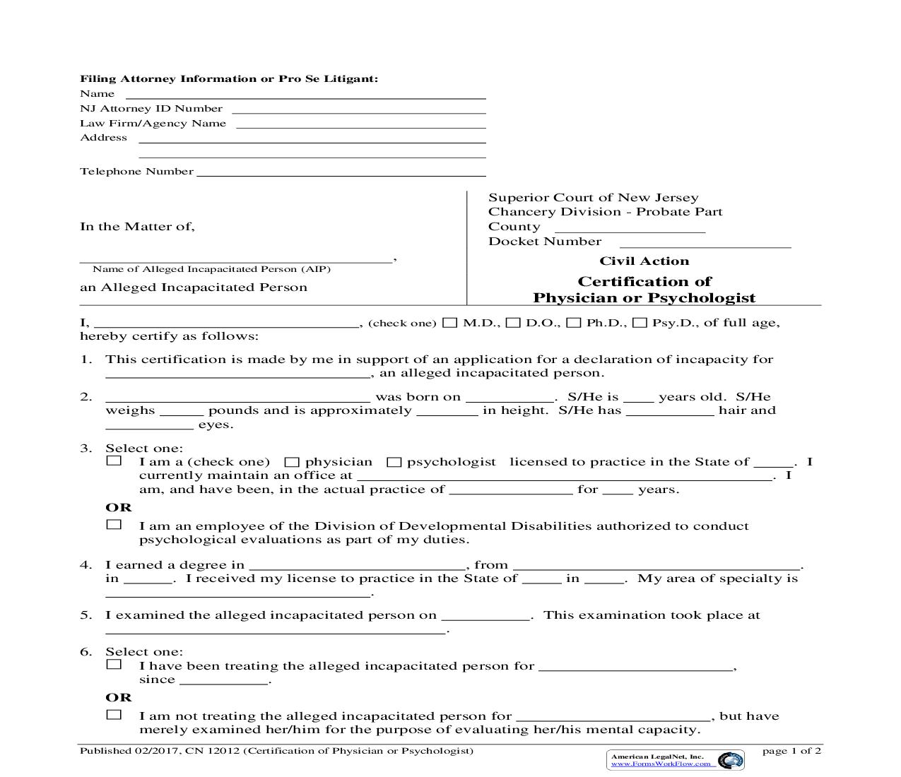 Certification Of Physician Or Psychologist {12012} | Pdf Fpdf Doc Docx | New Jersey