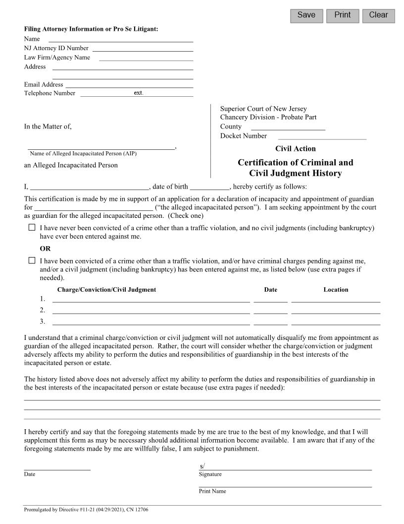 Civil Action Certification Of Criminal And Civil Judgment History {12706} | Pdf Fpdf Docx | New Jersey