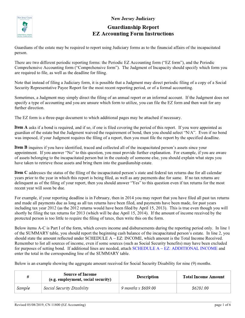 Guardianship Report EZ Accounting Form {11800} | Pdf Fpdf Doc Docx | New Jersey