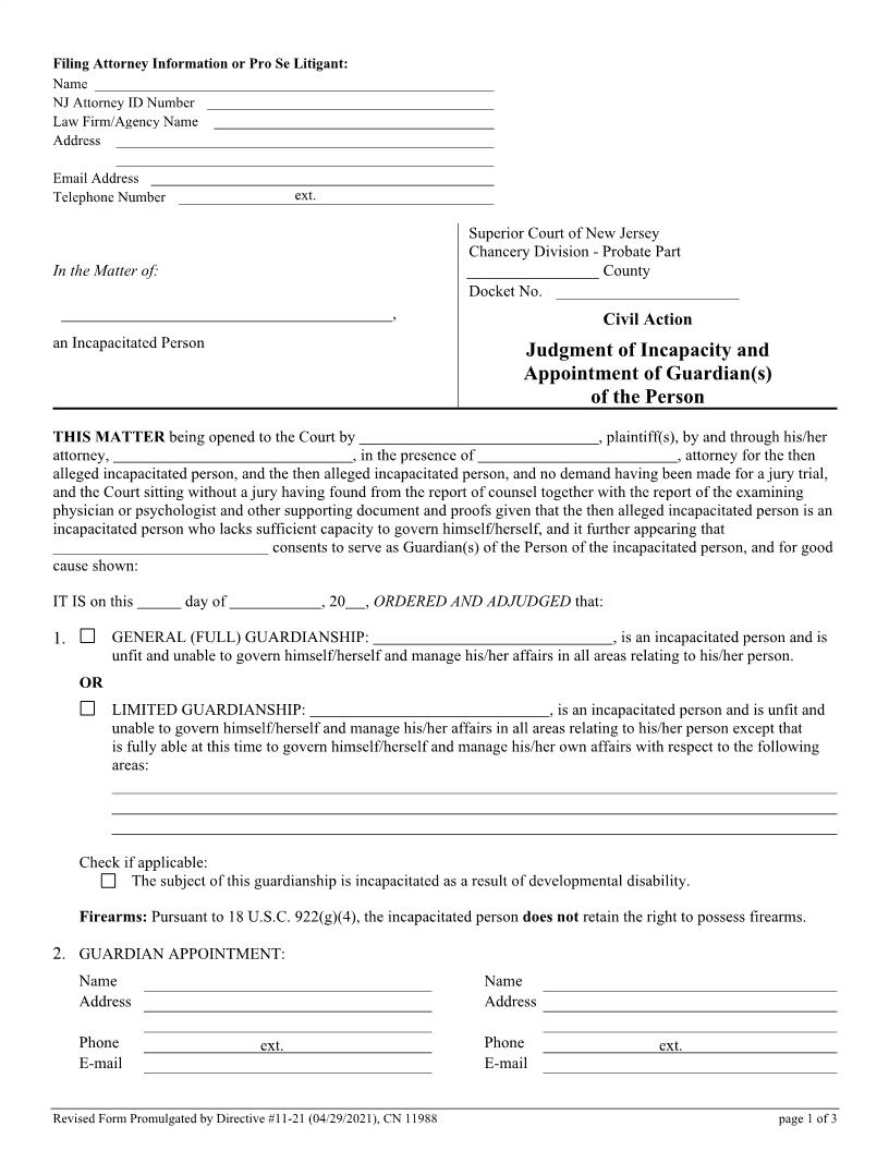 Judgment Of Incapacity Appointment Of Guardian(s) Of Person {11988} | Pdf Fpdf Doc Docx | New Jersey