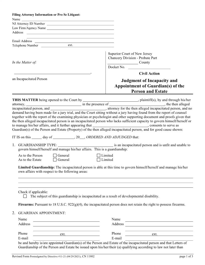 Judgment Of Incapacity Appointment Of Guardian(s) Of Person And Estate {11802} | Pdf Fpdf Doc Docx | New Jersey