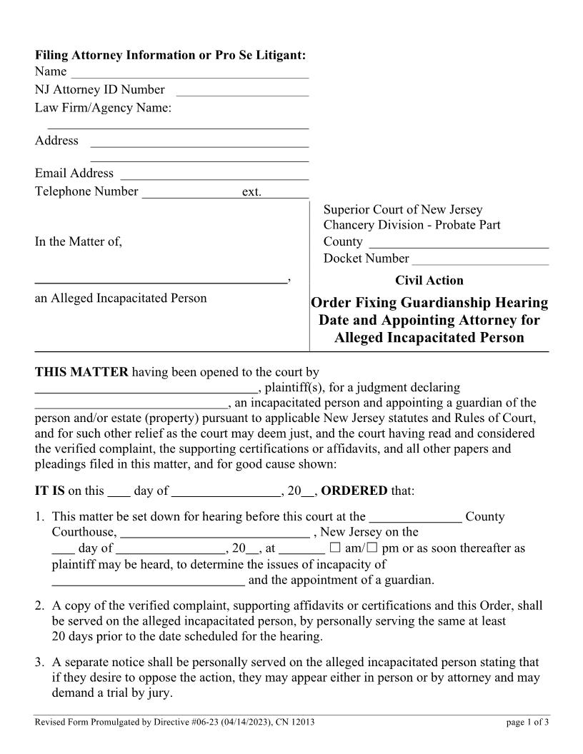 Order Fixing Guardianship Hearing Date And Appointing Attorney For AIP {12013} | Pdf Fpdf Doc Docx | New Jersey
