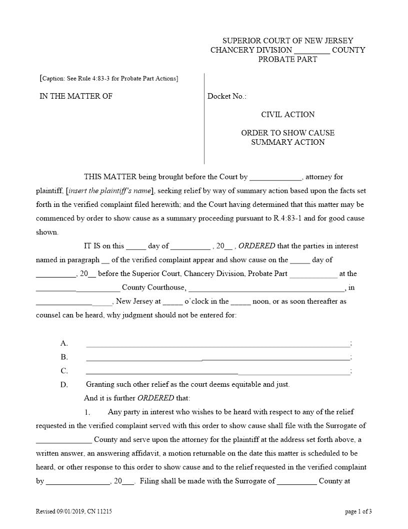 Order To Show Cause - Summary Action {11215} | Pdf Fpdf Doc Docx | New Jersey