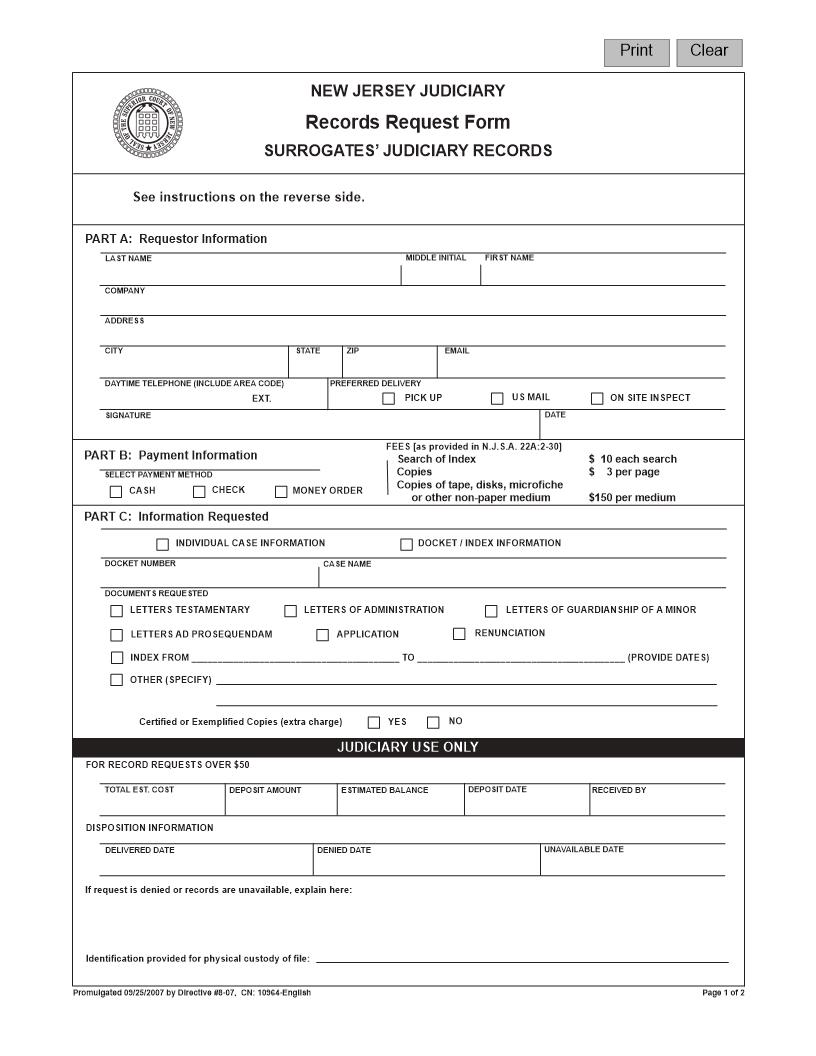 Records Request Form Surrogates Judiciary Records {10964} | Pdf Fpdf Docx | New Jersey