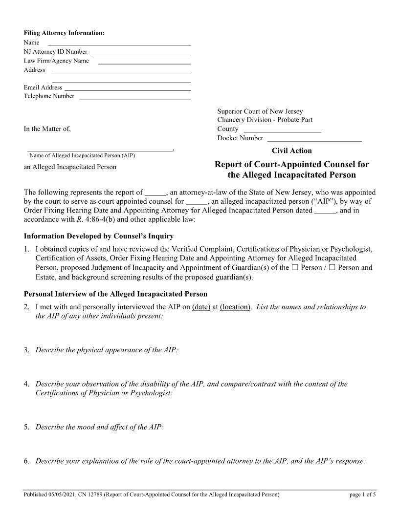 Report Of Court-Appointed Counsel For The Alleged Incapacitated Person {12789} | Pdf Fpdf Docx | New Jersey