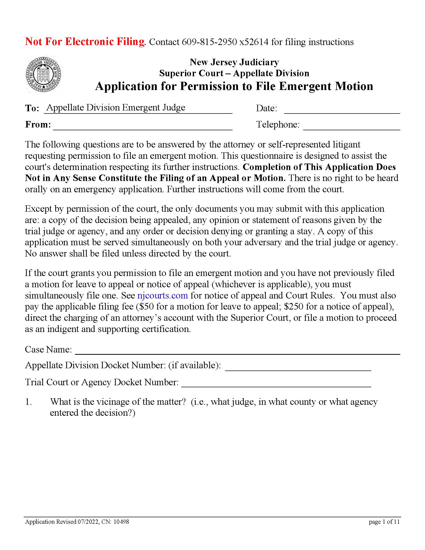 Application For Permission To File Emergent Motion {10498} | Pdf Fpdf Doc Docx | New Jersey