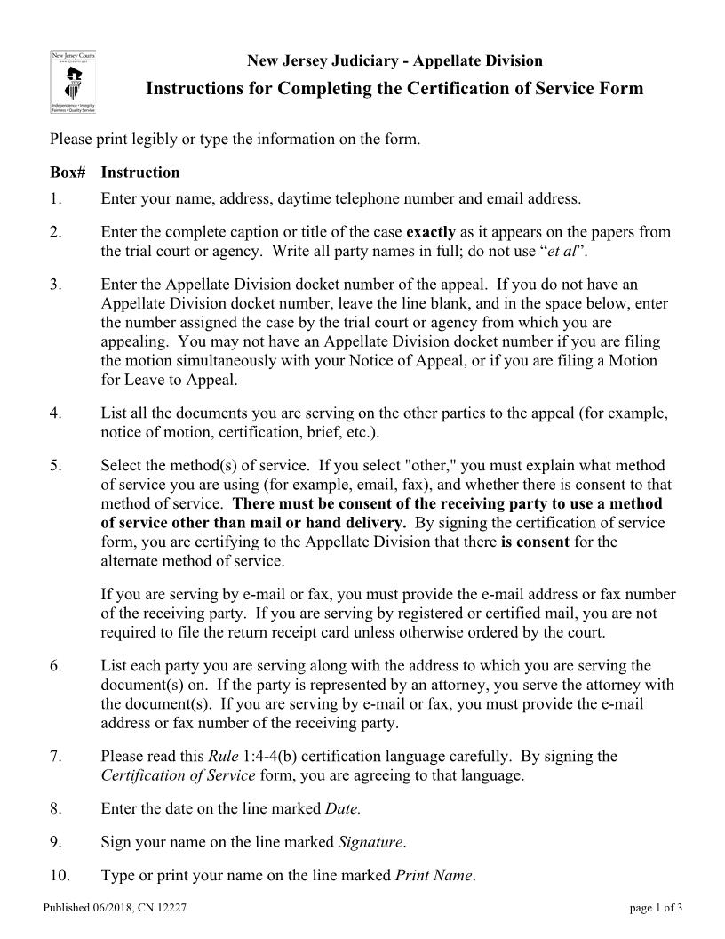 Certification Of Service (Superior Court Appellate DIvision) {12227} | Pdf Fpdf Docx | New Jersey