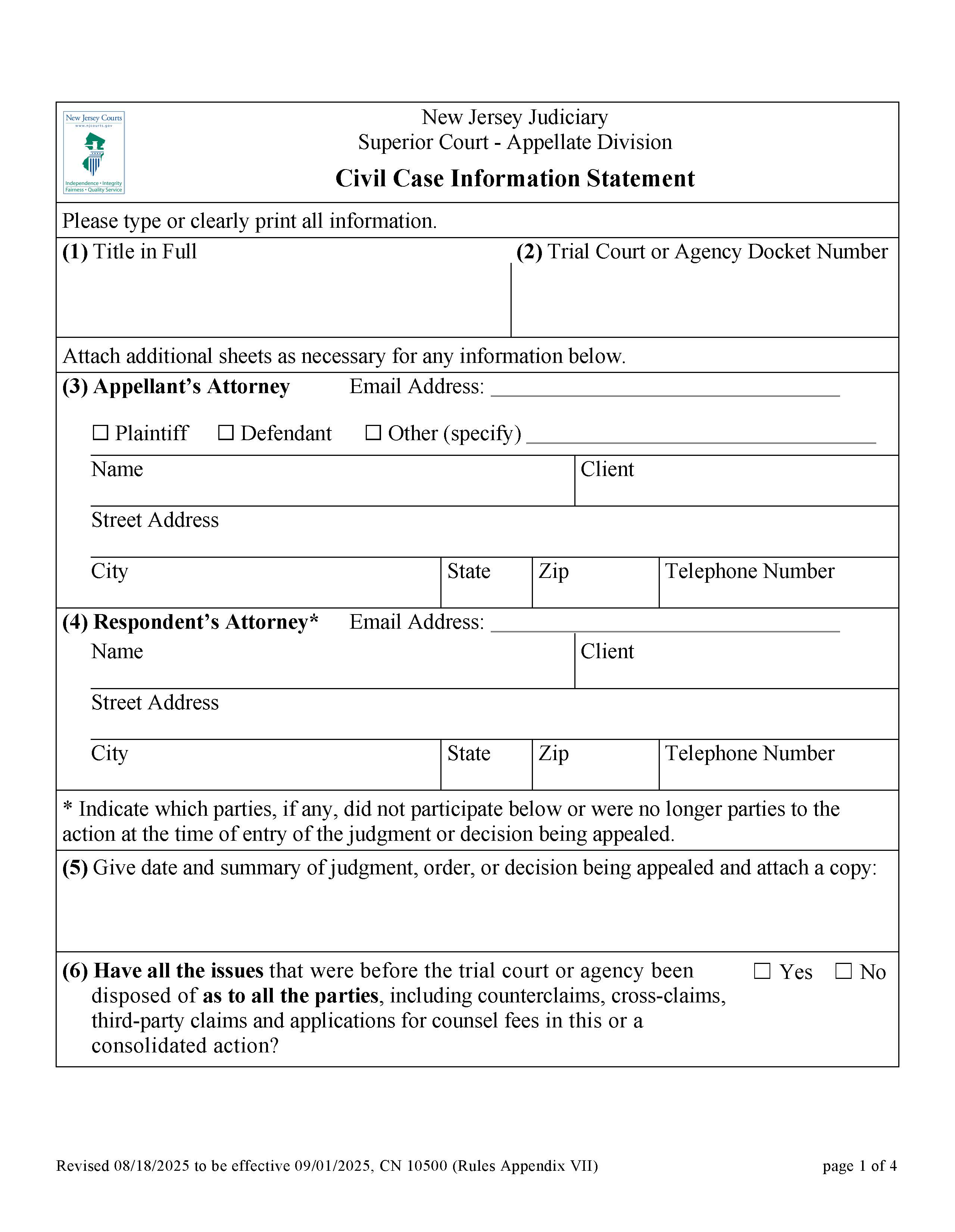 Civil Case Information Statement {10500} | Pdf Fpdf Docx | New Jersey