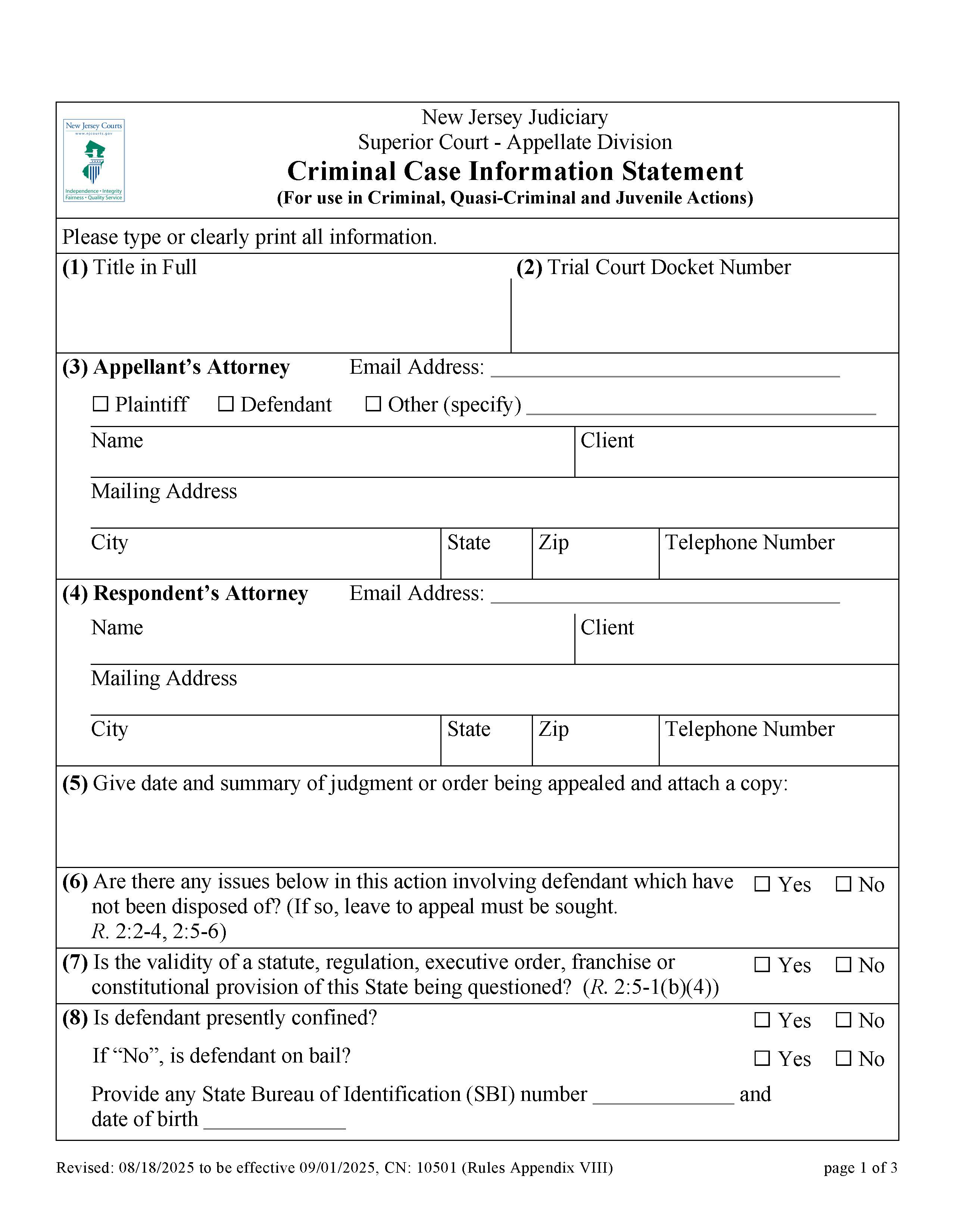 Criminal Case Information Statement {10501} | Pdf Fpdf Docx | New Jersey