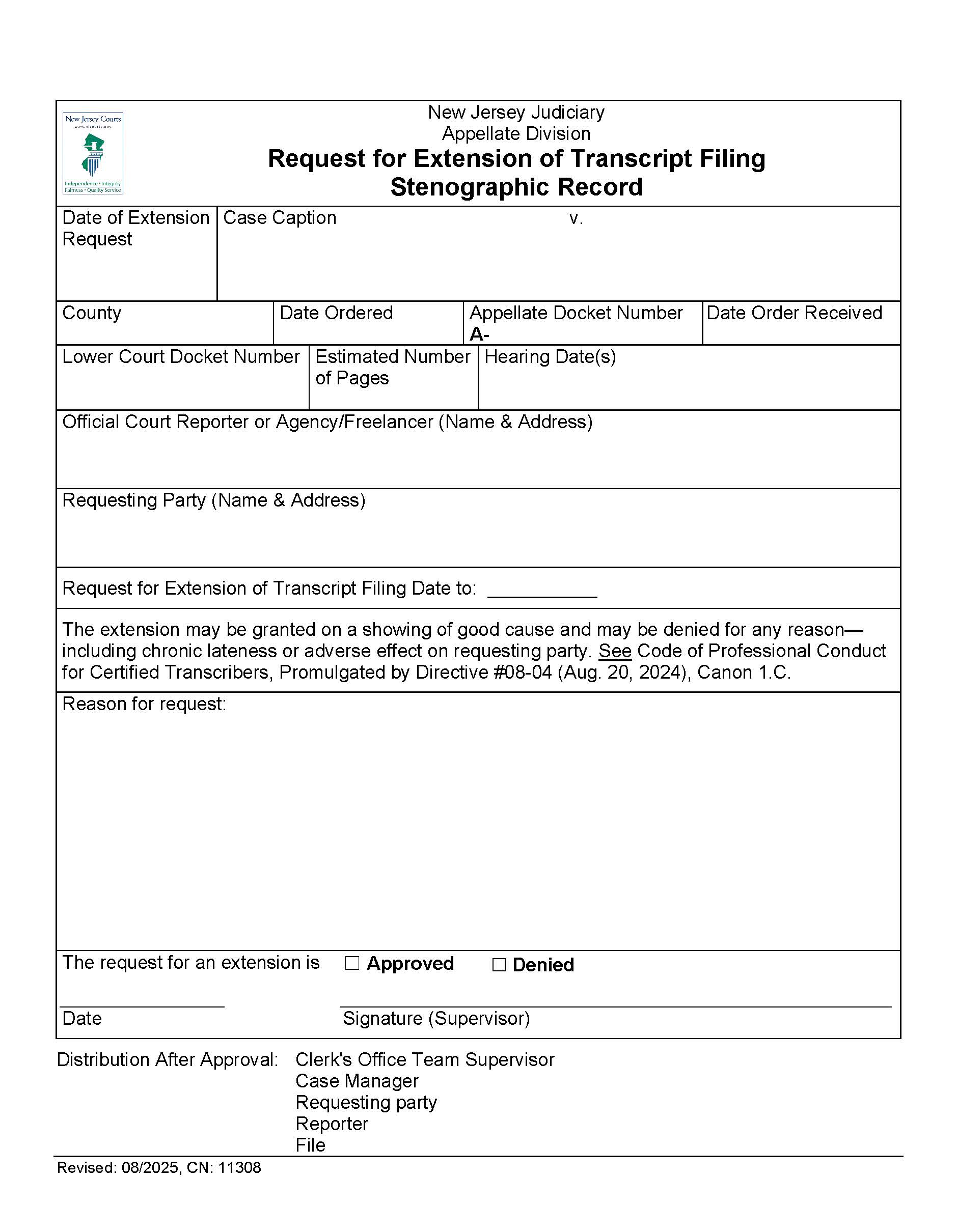 Request For Extension Of Transcript Filing Stenographic Record {11308} | Pdf Fpdf Docx | New Jersey