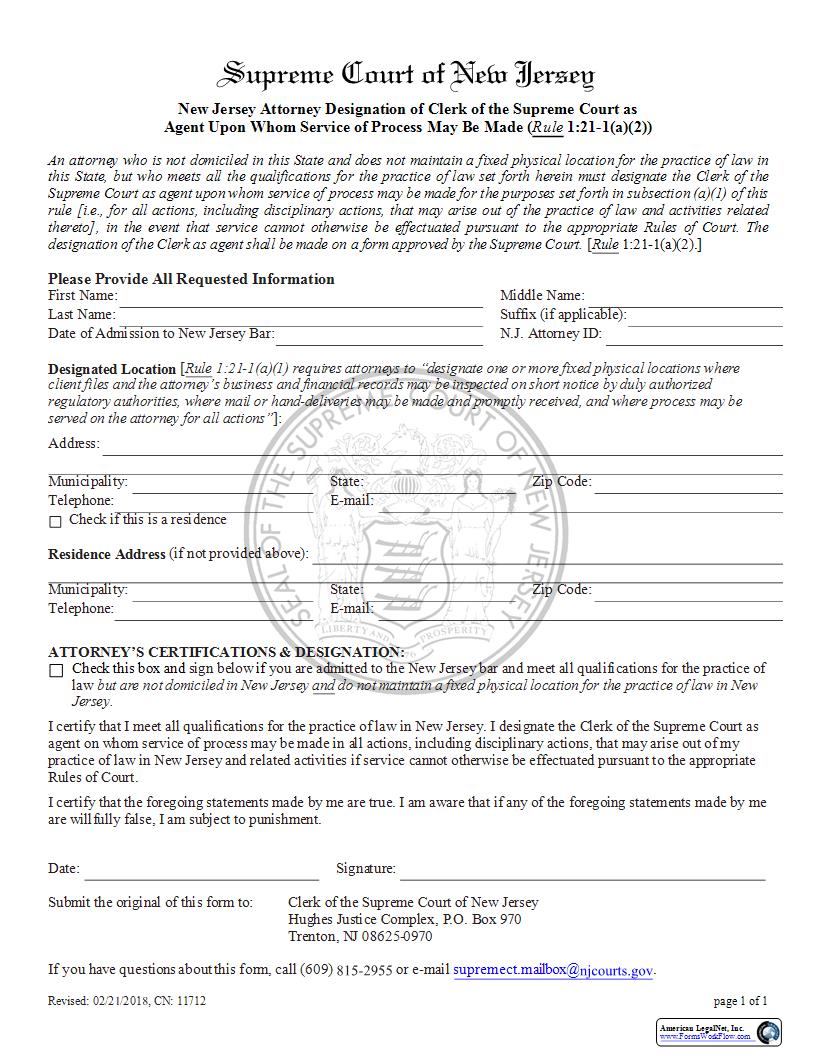 Designation Of Clerk As Agent Of Service Of Process {11712} | Pdf Fpdf Docx | New Jersey