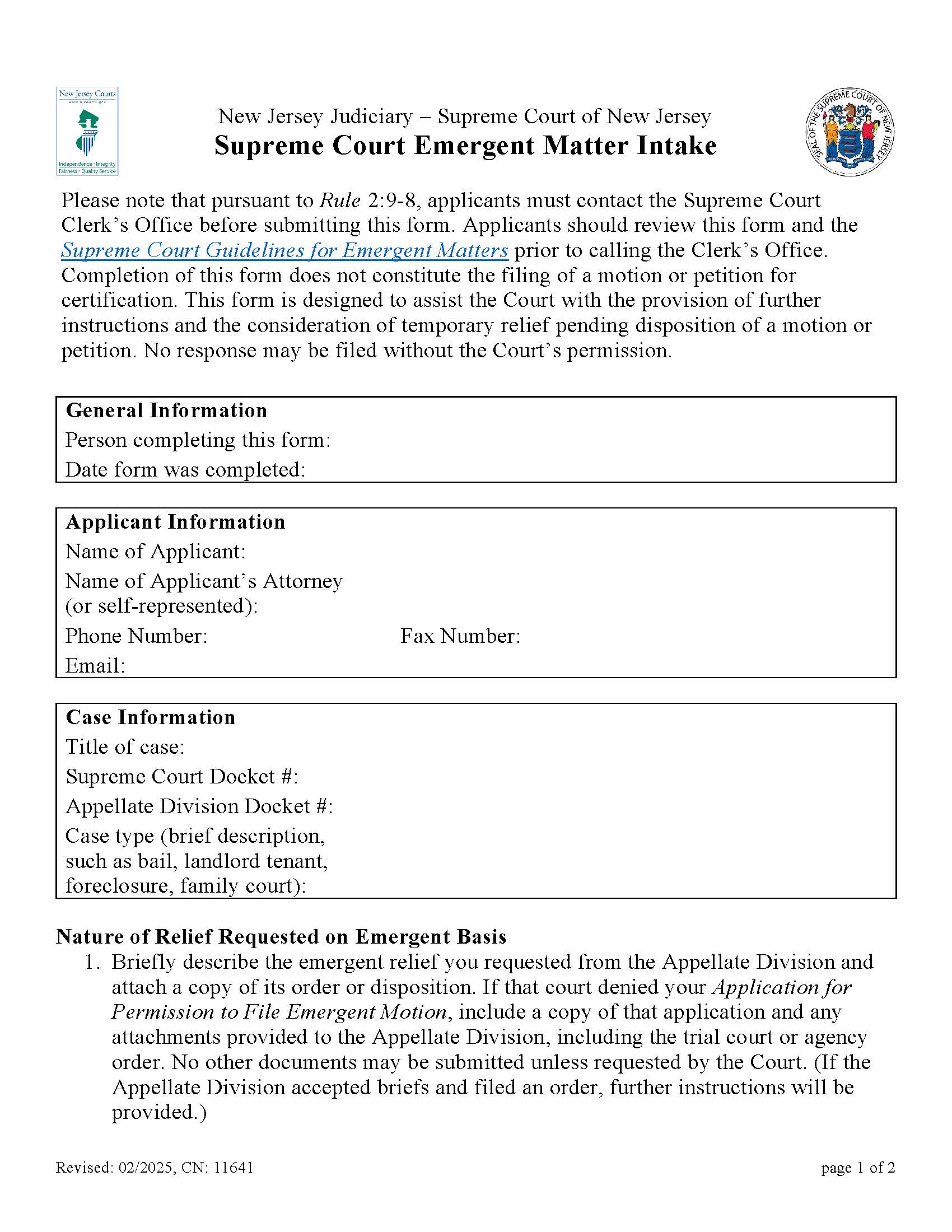 Supreme Court Emergent Matter Intake Form {11641} | Pdf Fpdf Doc Docx | New Jersey