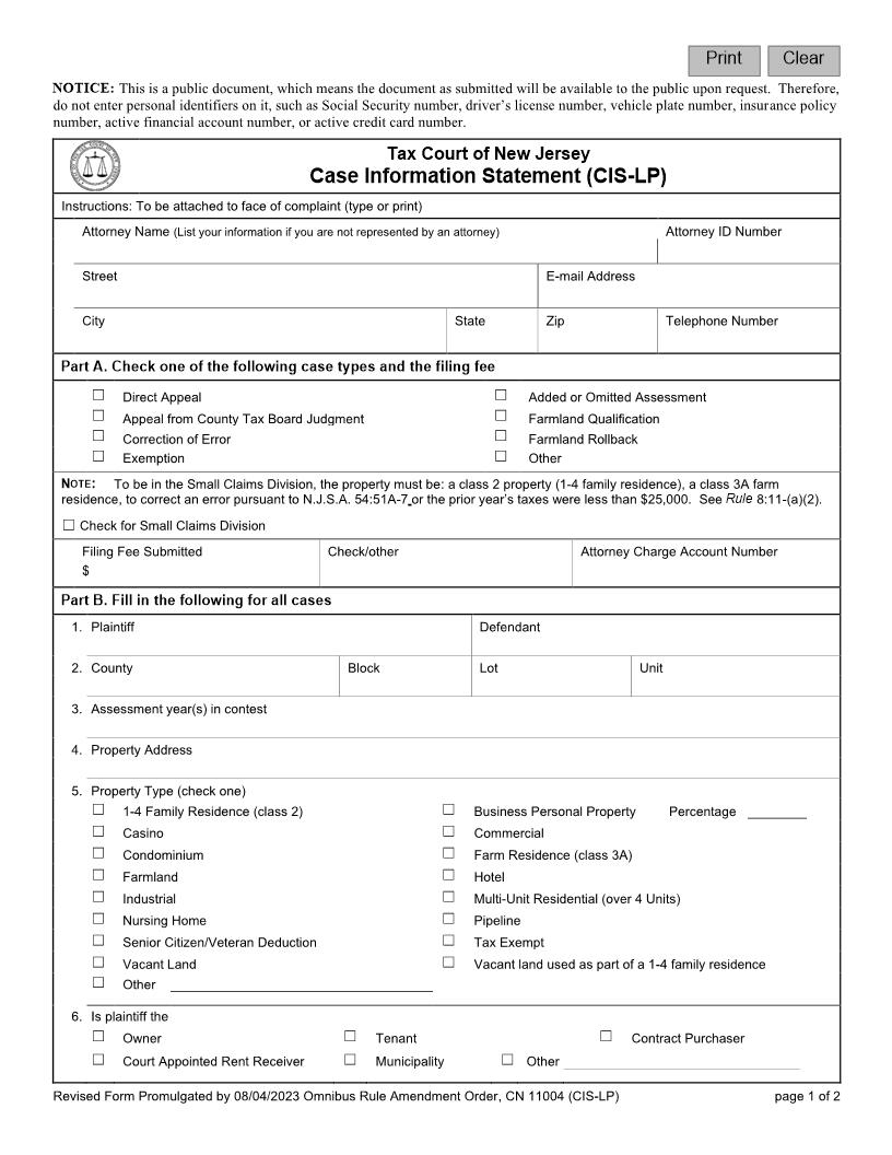 Case Information Statement (CIS-LP) {11004} | Pdf Fpdf Docx | New Jersey