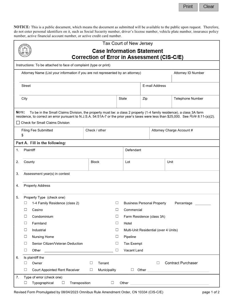 Case Information Statement Correction Of Error In Assessment {10334} | Pdf Fpdf Doc Docx | New Jersey