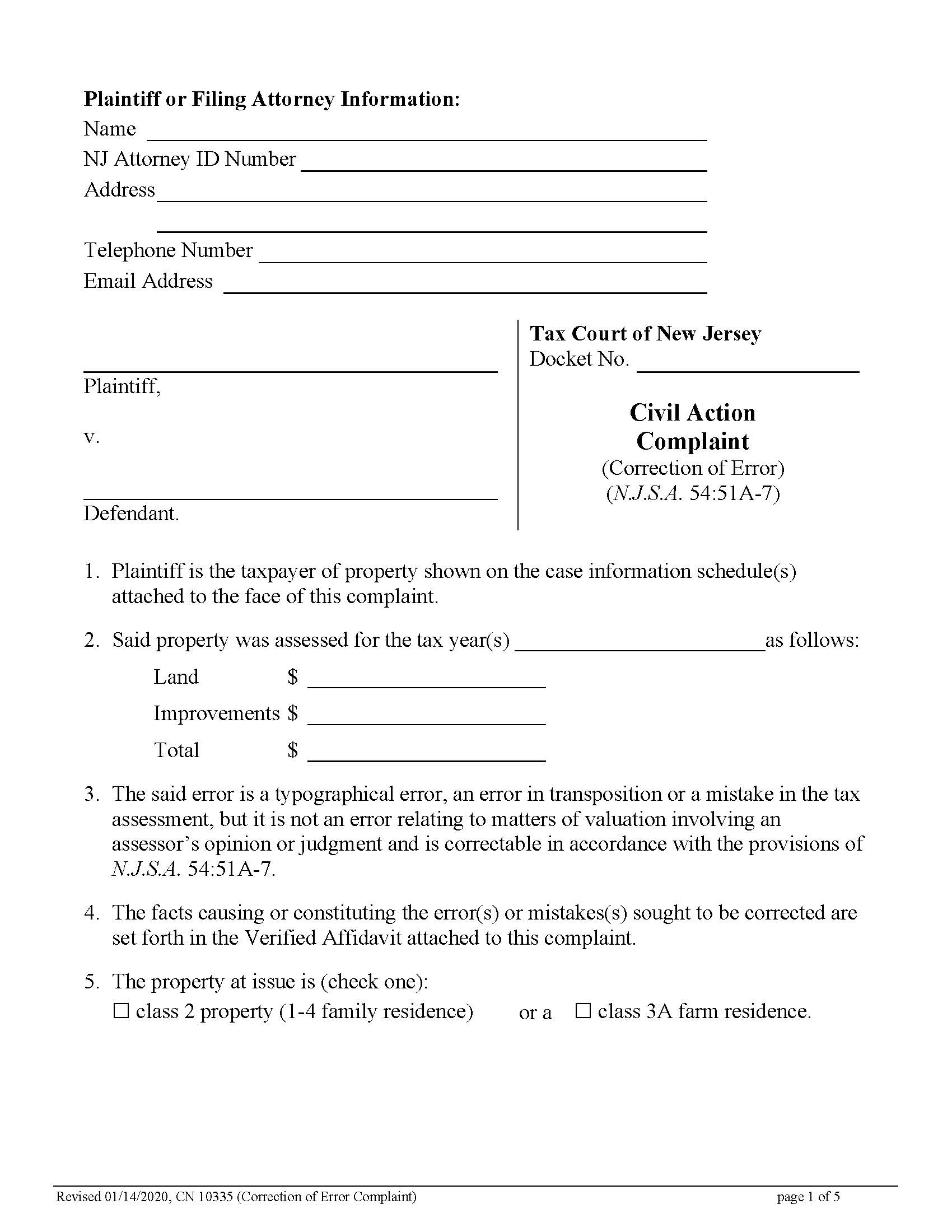 Civil Action Complaint (Correction Of Error) {10335} | Pdf Fpdf Docx | New Jersey