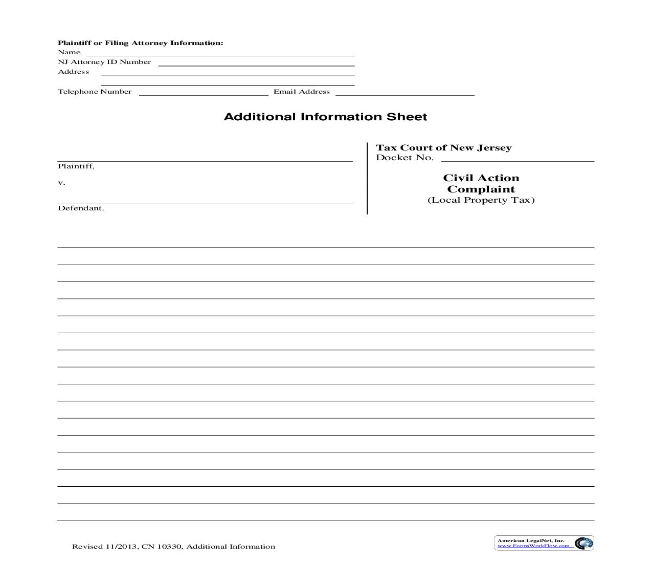 Civil Action Complaint (Local Property Tax) Additional Information Sheet {10330} | Pdf Fpdf Doc Docx | New Jersey