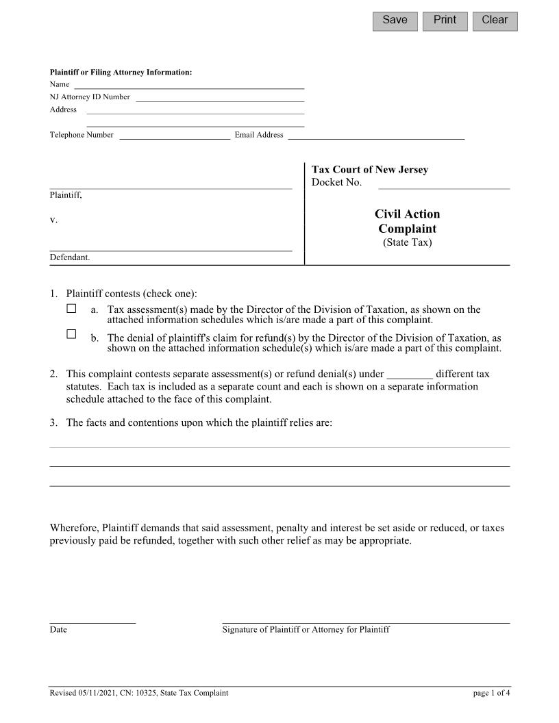 Civil Action Complaint (State Tax) {10325} | Pdf Fpdf Doc Docx | New Jersey