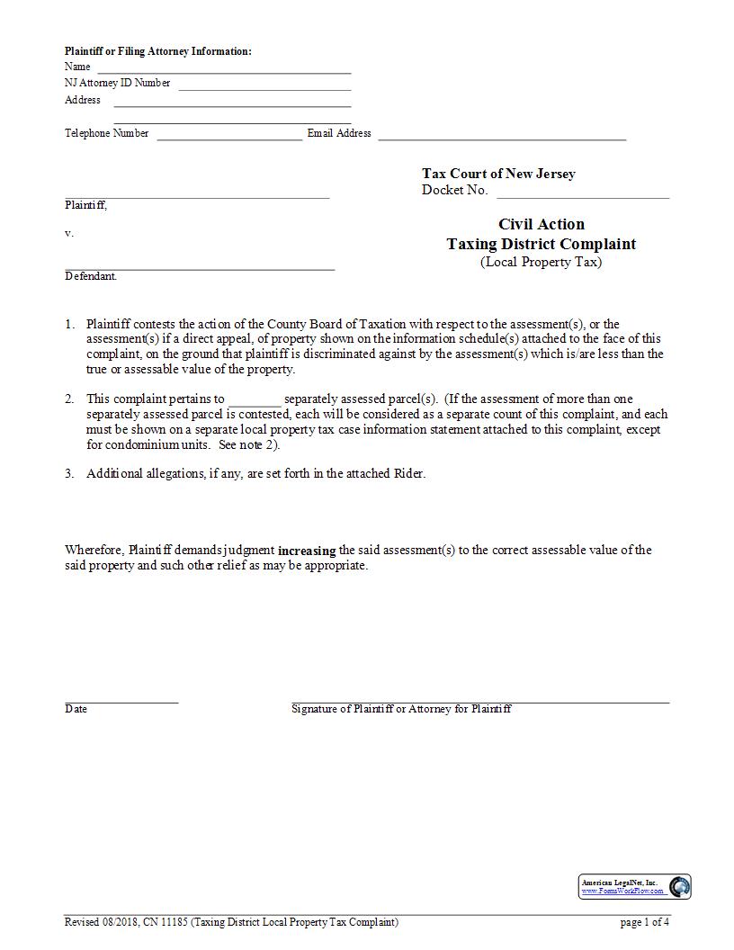 Civil Action Taxing District Complaint (Local Property Tax) {11185} | Pdf Fpdf Docx | New Jersey